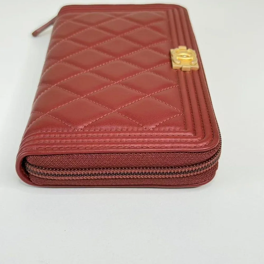 Chanel Dark Red Boy Wallet with Box Quilted Design & Gold Hardware